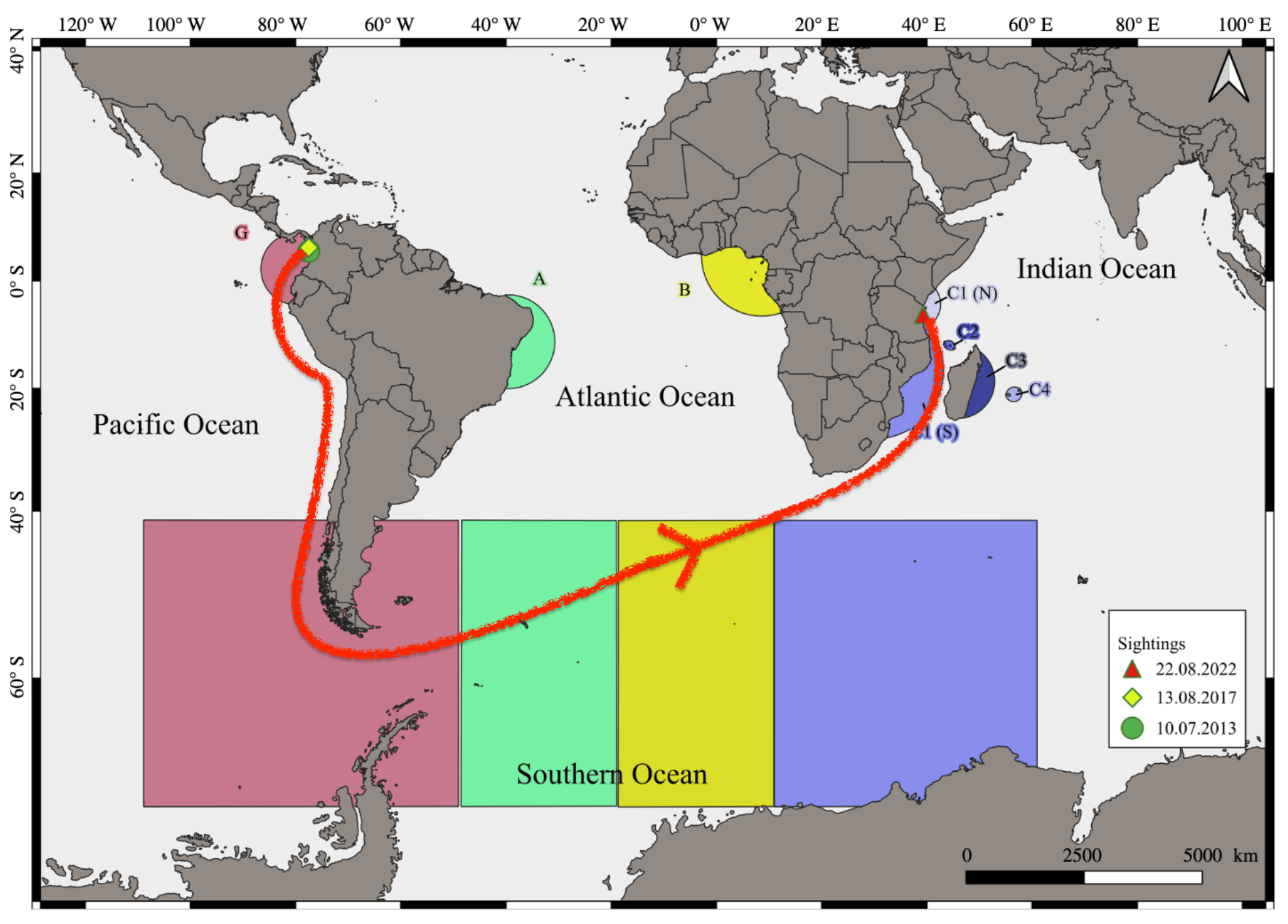 Map displaying a migratory route across oceans. Arrows indicate movement from the Pacific Ocean through the Atlantic Ocean to the Indian Ocean, with sighting dates noted.