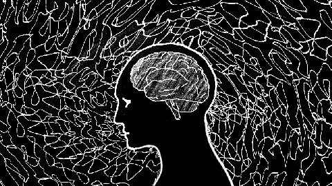Silhouette of a human head with an outlined brain, set against a background of abstract swirling white lines on black.